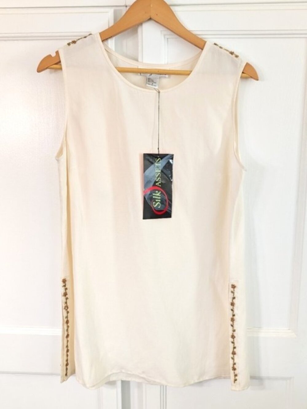 Silk Assets Silk Linen Blend Cream Sleeveless Embellished Shift Tunic Top Size M